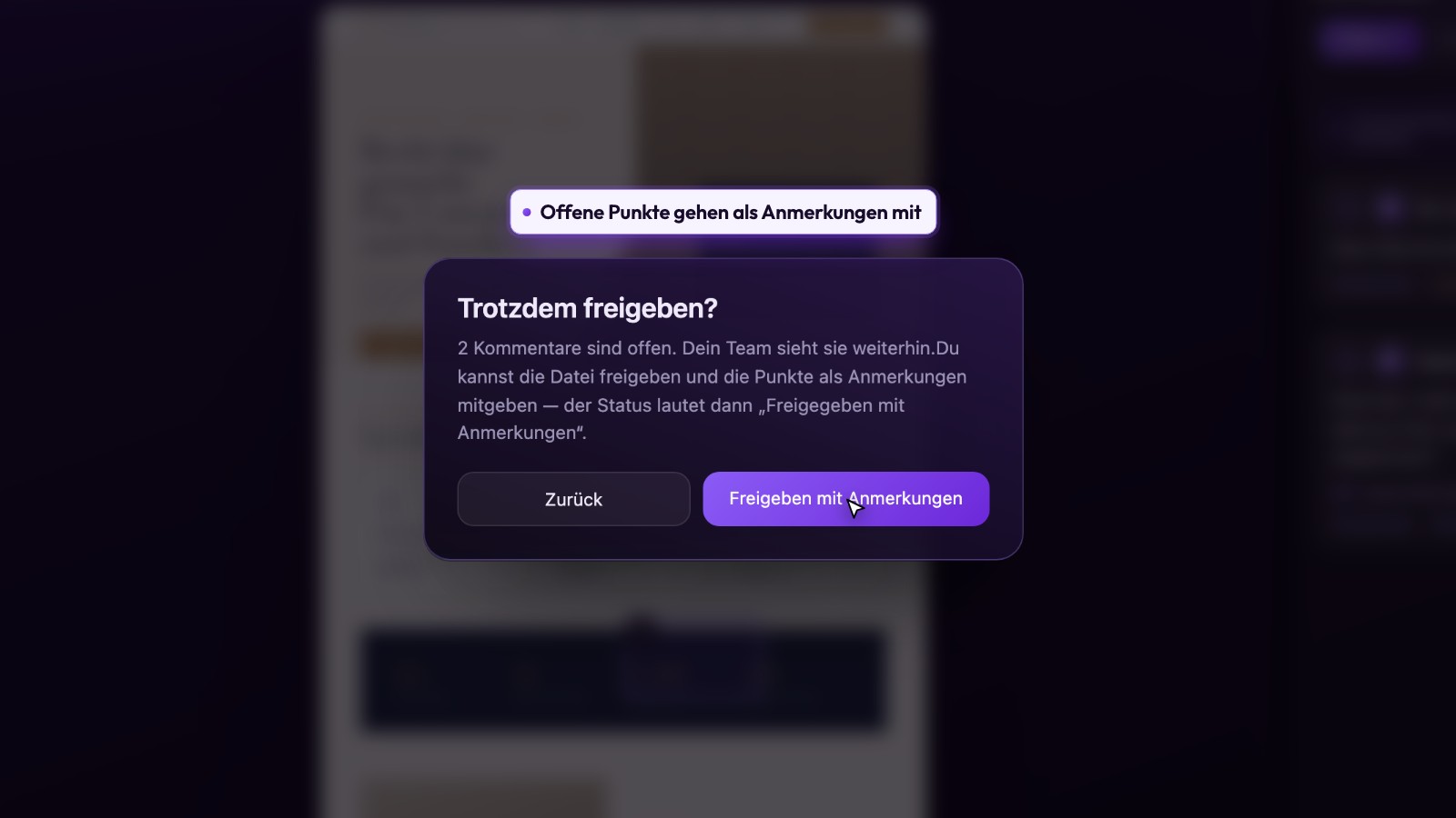 Screenshot EVOAR Files: Freigeben, auch wenn noch Punkte offen sind