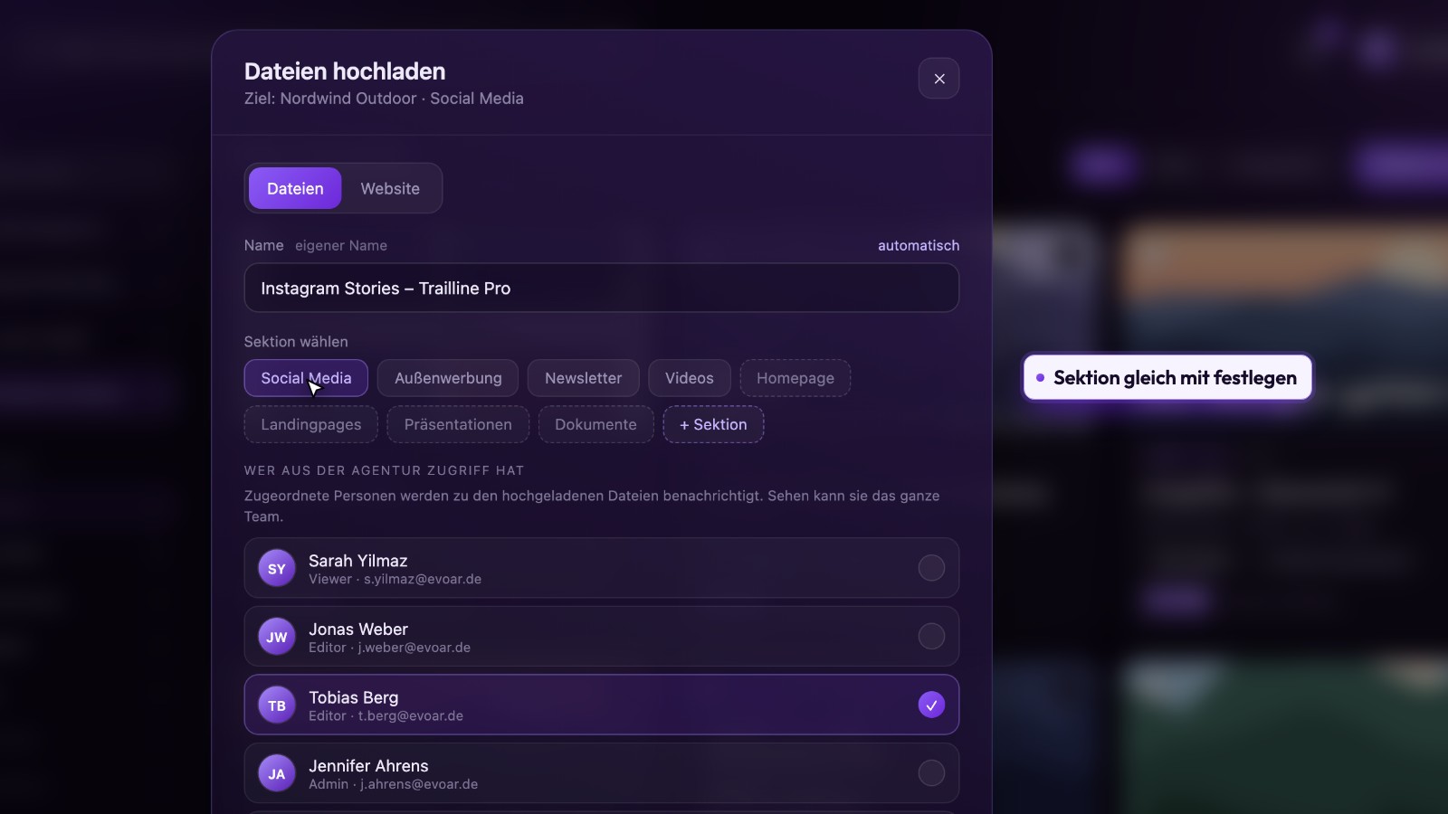 Screenshot EVOAR Files: Hochladen und gleich richtig einsortieren